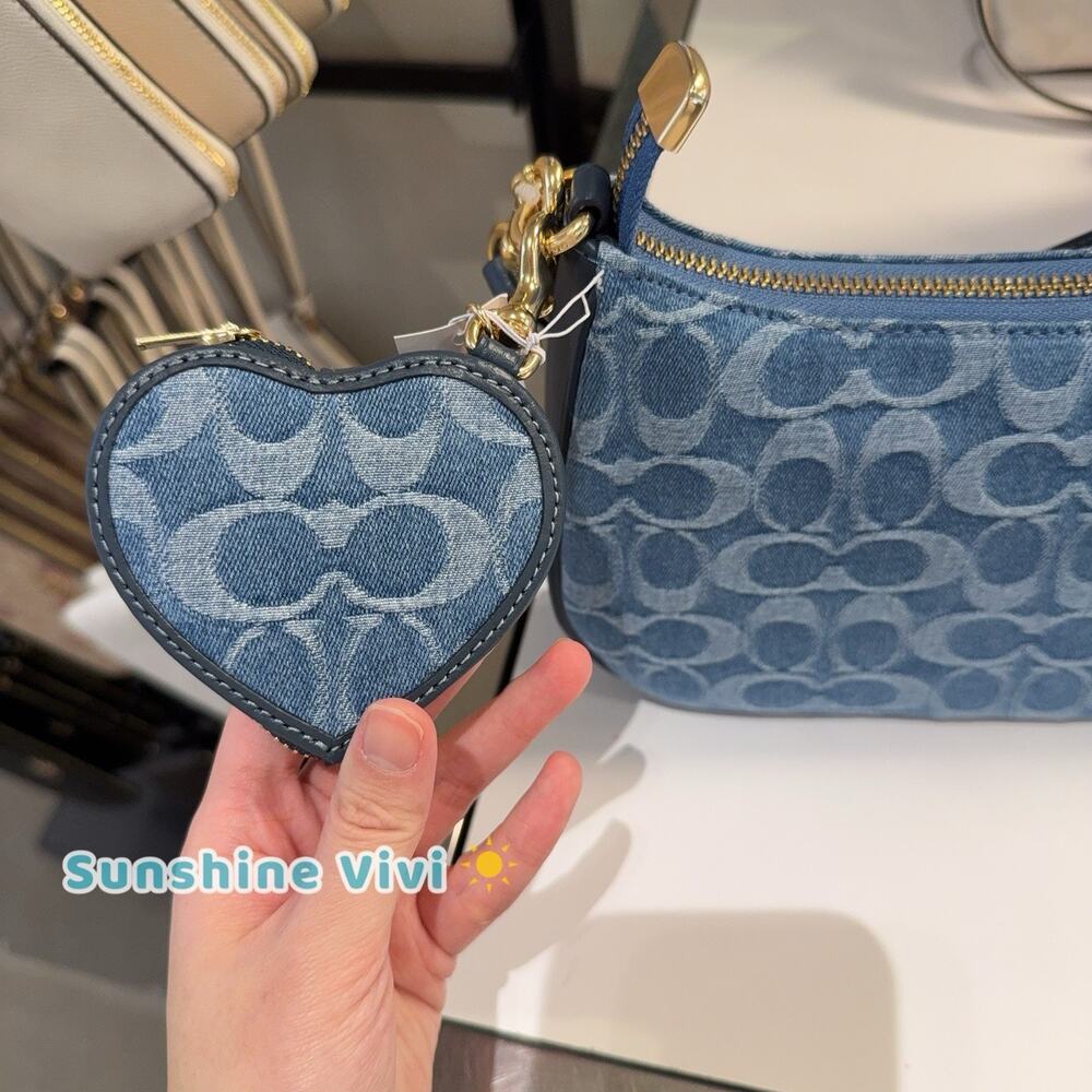 NWT coach Heart Bag Charm In Signature Denim CDF55 Gold/Indigo